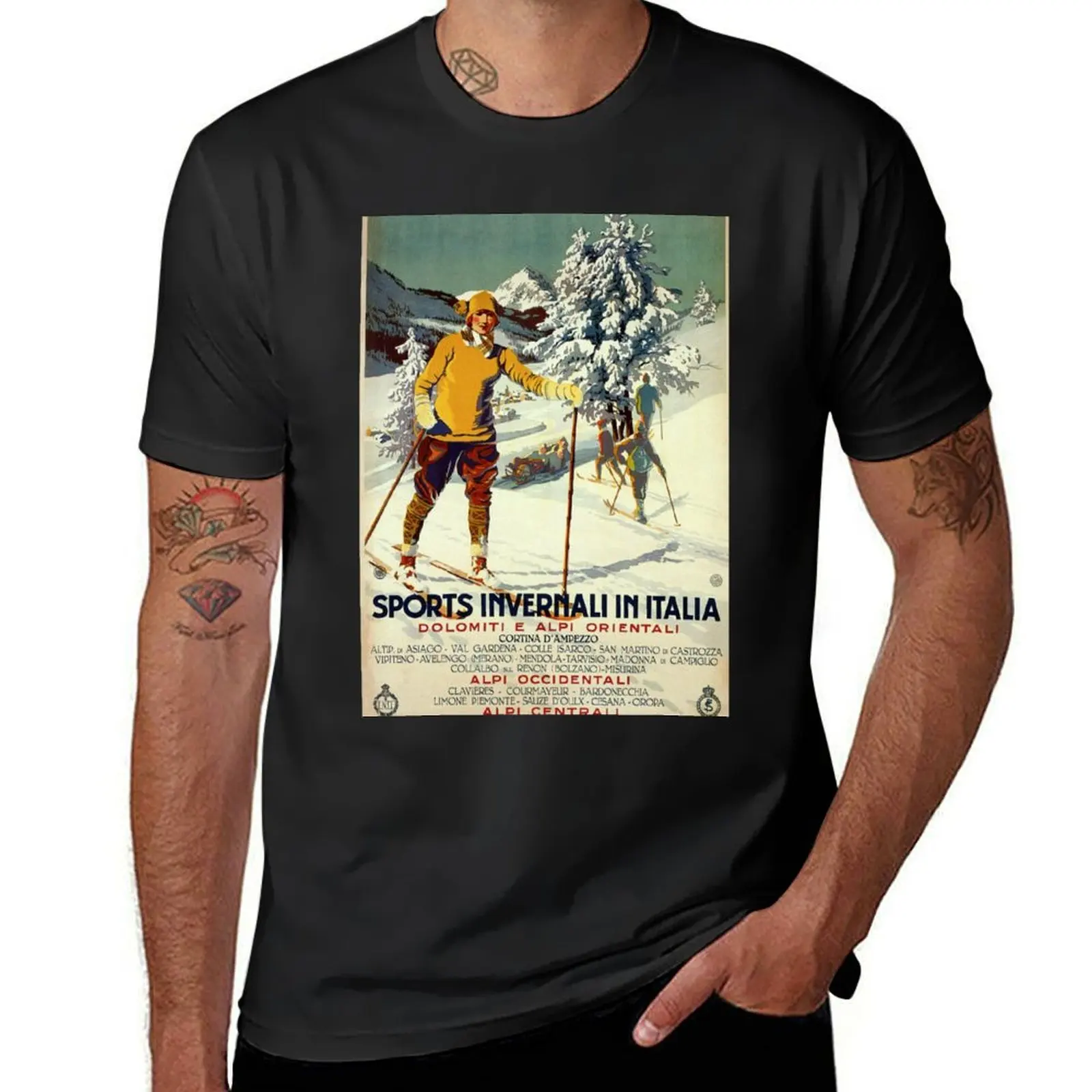 Early 1920s winter sports Italy travel advert Alps T-Shirt anime clothes sports fans korean fashion anime t shirt for men