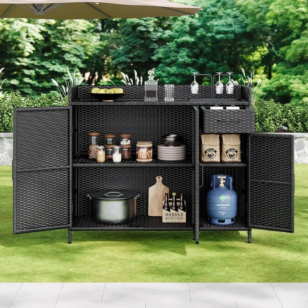 

47.5"W Wicker Outdoor Storage Cabinet with Tempered Glass Desktop, Kitchen Island on Wheels with Three Doors, Weather-proof Ratt