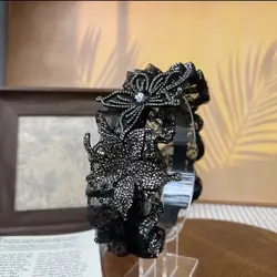 Fench Style Women Girls Fashionable Rhinestone Hairband with Black Hollowed Flowers Female Mesh New Headwear Headband Hair Clip