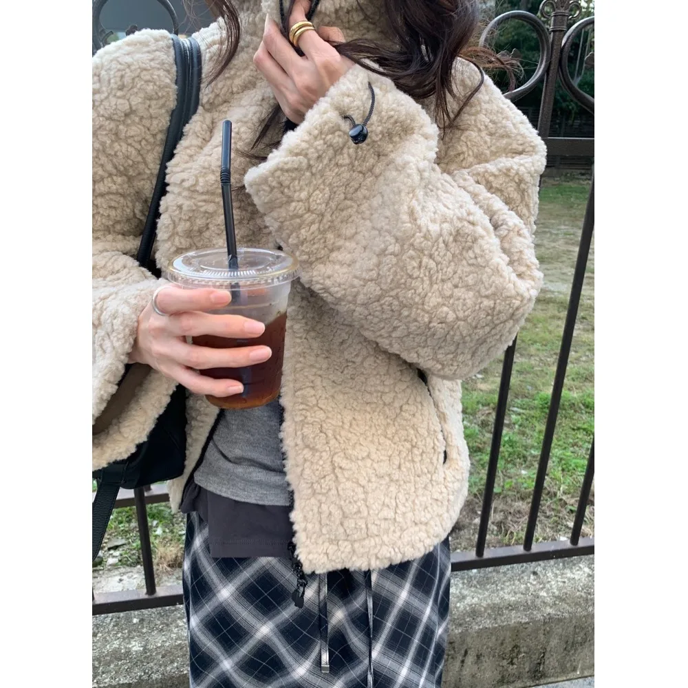 الكورية Sle فضفاضة تناسب فرو الضأن Jaet الخريف الشتاء Dstring الكفة الدافئة المرأة ملابس خارجية معطف الشارع Sle غير رسمي #2