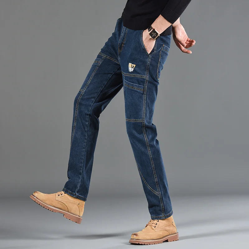 2024 New Men's Multi Pocket Jeans Men's Slim Fit Fashion Small Straight Leg Versatile Elastic Casual Pants