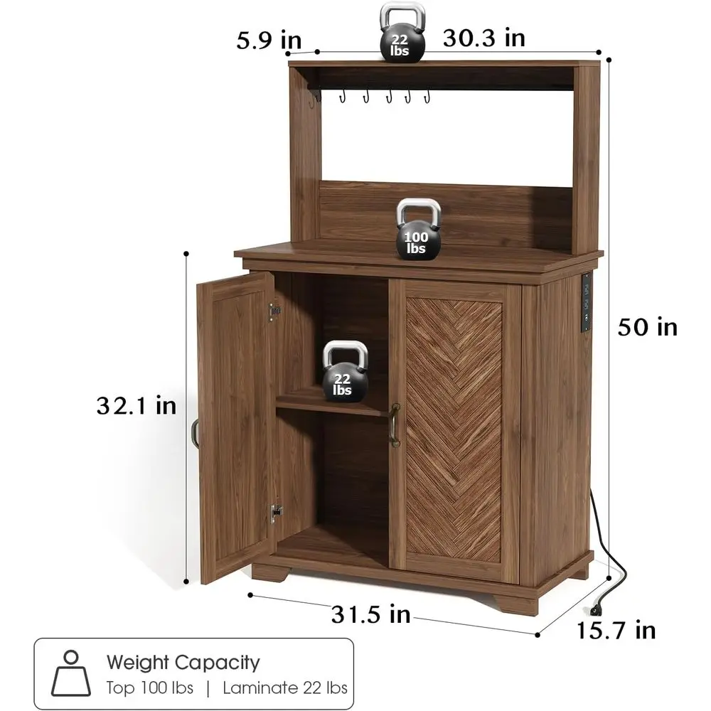 Coee Bar Cabinet with Storage and Charging Station,Walnut | armhouse,Herringbone Panel,31.5