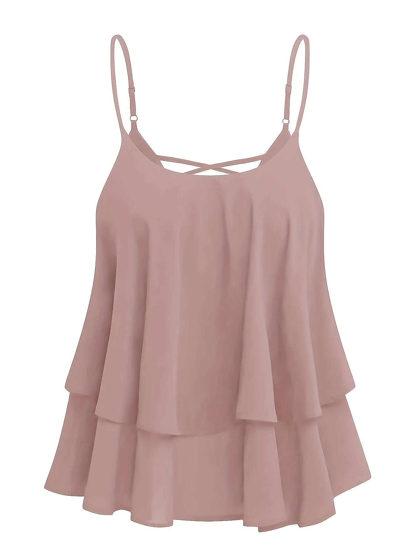 Plus Size Ladies Solid Color Chiffon Double Layer Meat Concealing Top with Fine Strap Cross Back Design for Daily Commuting And