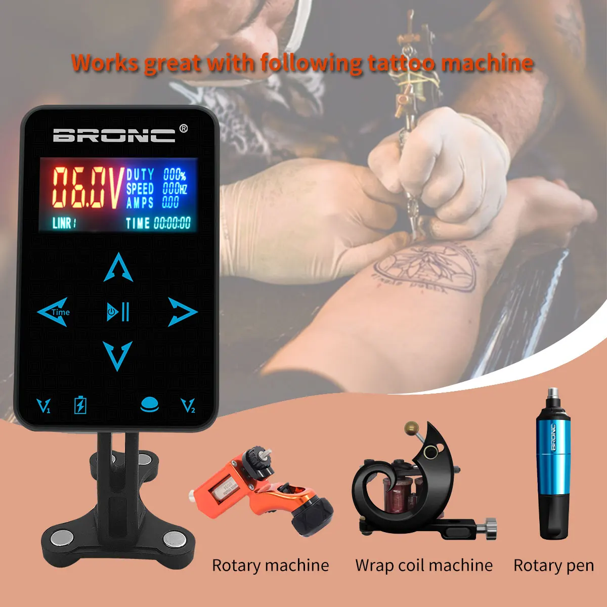 BRONC Professional Tattoo Power Supply LCD Display Screen Touch Screen Adjustment Tattoo Power Supply