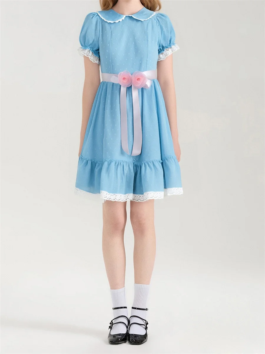 فستان الأميرة الحلو للسيدات Kawaii Harajuku فستان قصير بأكمام منتفخة وياقة الدمية من الدانتيل على شكل حرف A مع حزام زهري