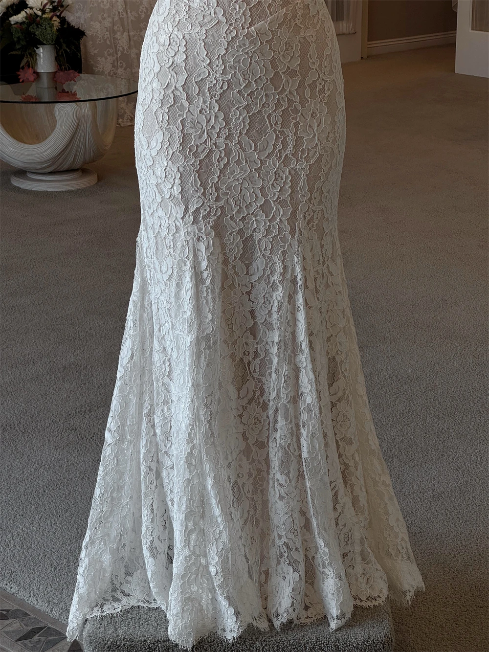 Rebecca Custom White Lace Spaghetti Strap Square Neck Mermaid Wedding Dress Sleeveless Bridal Gown Formal Evening Party Dress