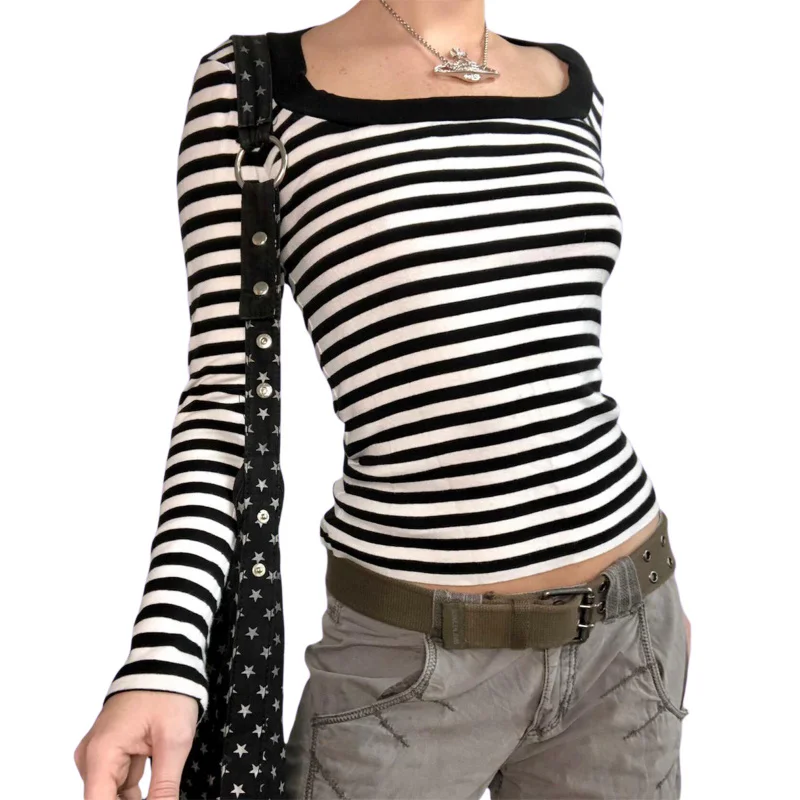 

Pullover Striped Off-Shoulder Black Long Sleeve Urban Casual- Base Shirt