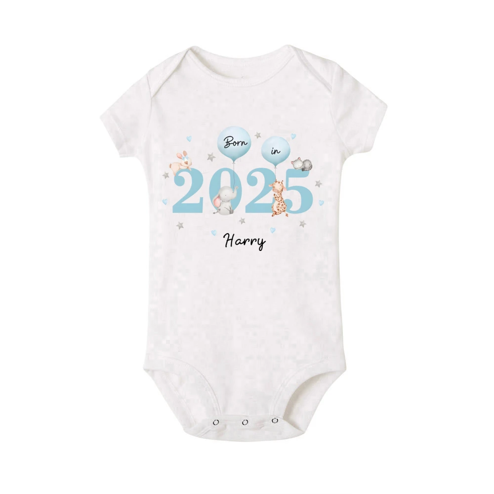 Personalize Born in 2025&animal Balloon Baby Romper Custom Name Short Sleeve Infant Jumpsuit Pregnancy Announcement Bitrh Gift