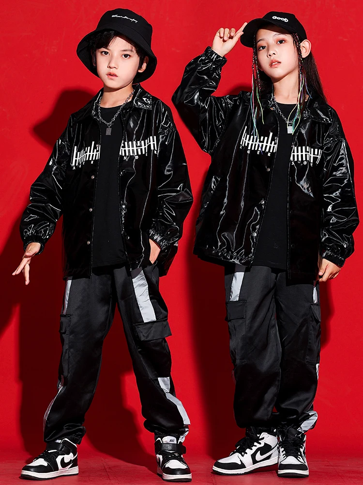 Hip Hop Dance Costumes Jazz Festival Clothes 2023 New Black Leather Jacket Cargo Pants Kpop Clothing For Girls Children