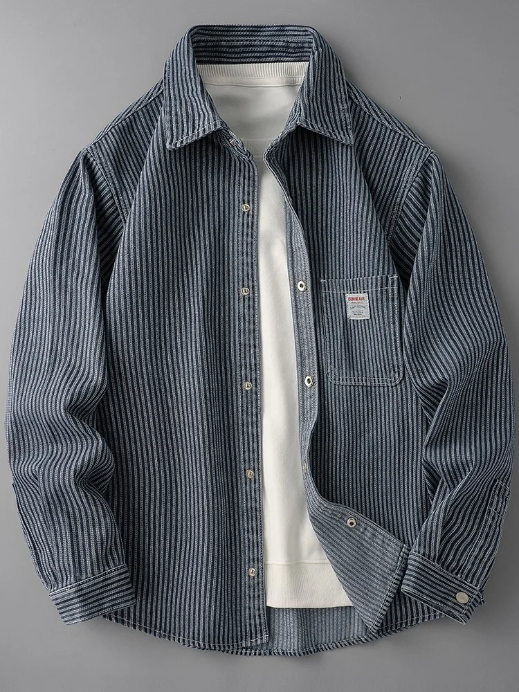 

Loose Fit Long Sve Striped Denim irt Men's Casual Sle Spring Autumn New High Street Faion M Spring Waed Jeans S...