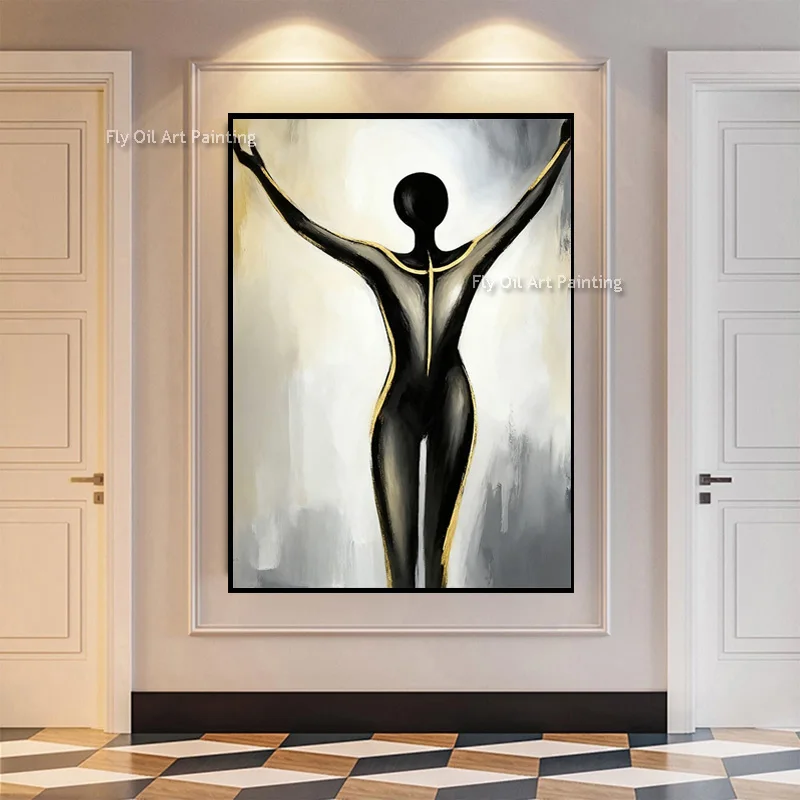 Black White Abstract People Oil Canvas Painting Handamde Original Design Wall Art Decor For Hall New Yellow Black Men Artwok