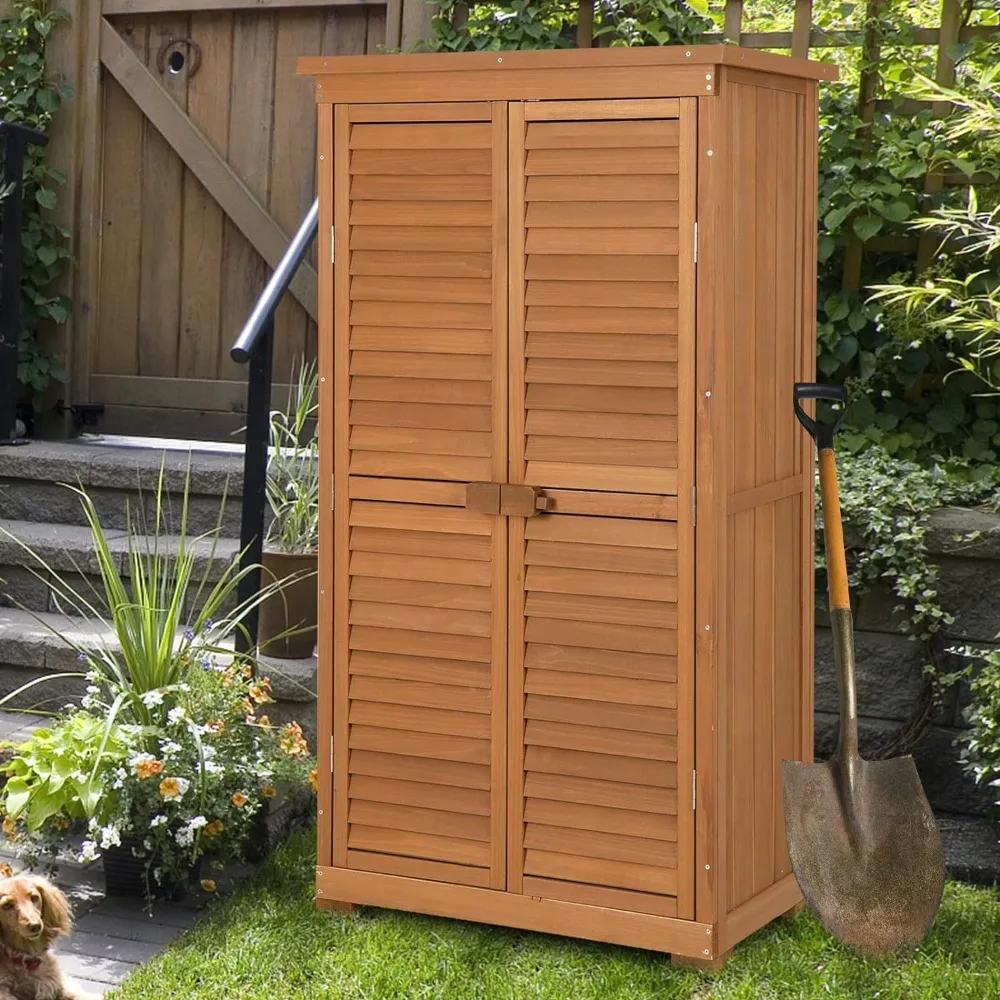 Outdoor Locker, 63 Inch Wooden Gardening Tools Shed with Double Lock Door, 3 Shelves & Asphalt Roof, Storage Shed for Garden