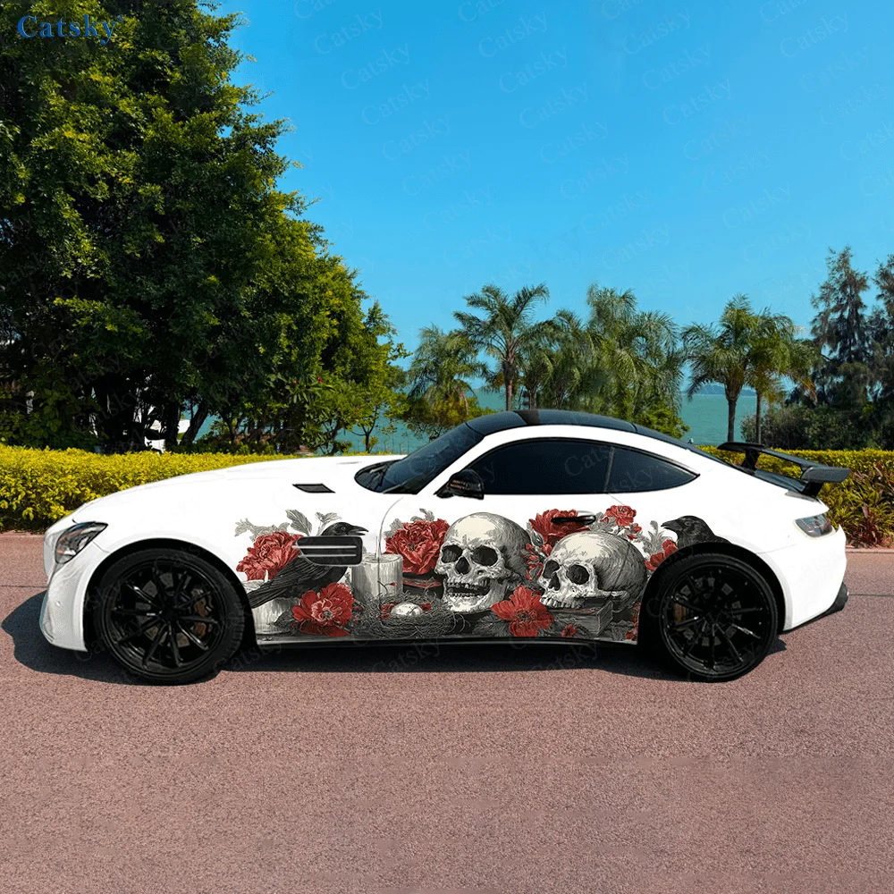 

Crow Flower Skull Candle Car Side Sticker Decor, PVC Waterproof Scratch Resistant Decal, Car Protection, Auto Accessories Gift