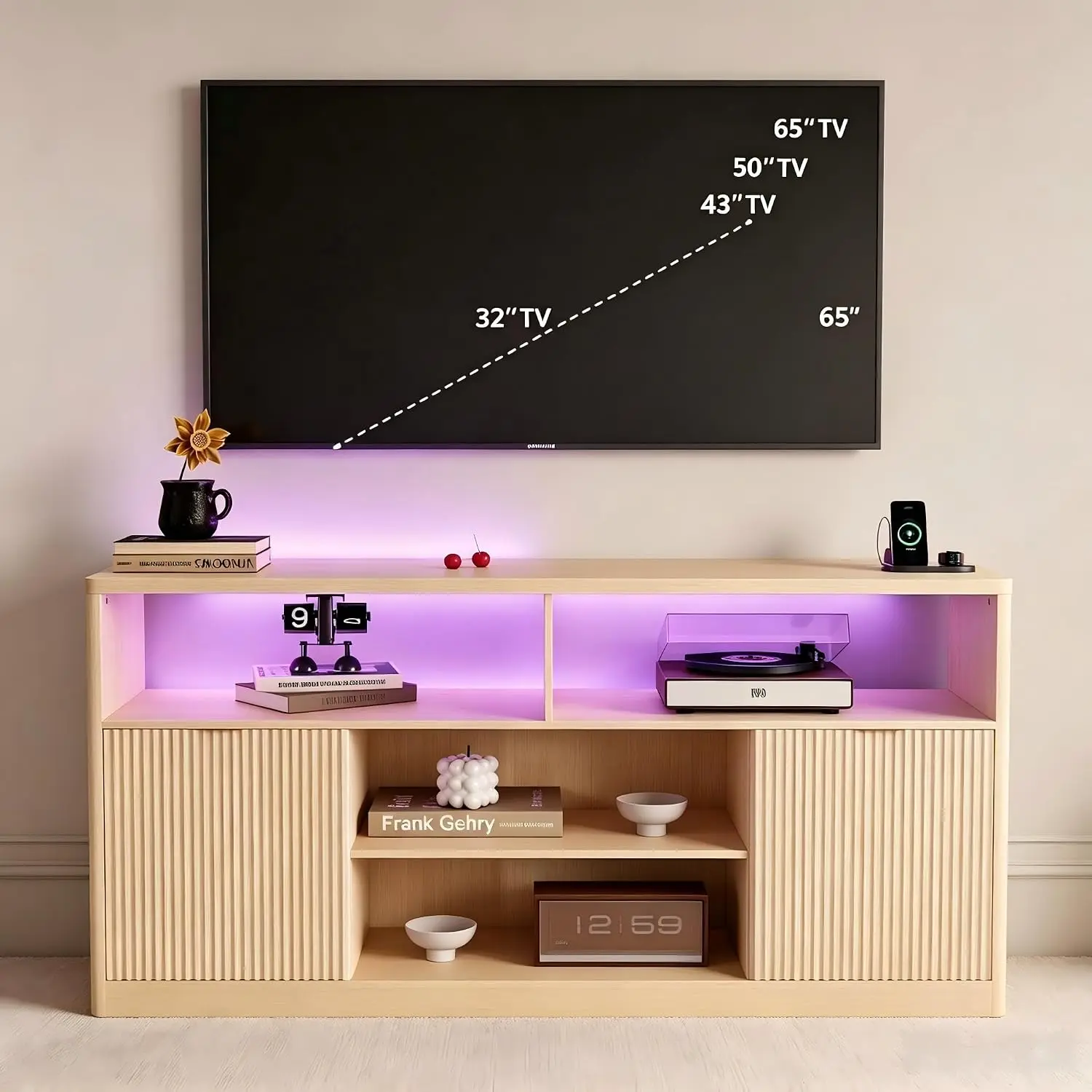 Fluted TV Stand 65 Inch TV Console Power Outlet & LED Light Storage Cabinet Living Room Bedroom Oak, Customized