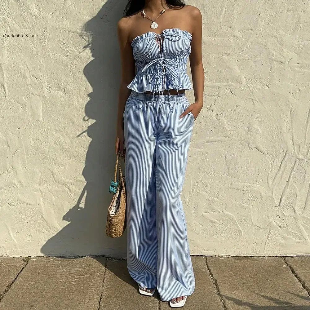 Women's Summer Outfit Set Strapless Crop and Sleeveless Long Pants Casual and Versatile Daily Wear with Unique Design Aesthetic