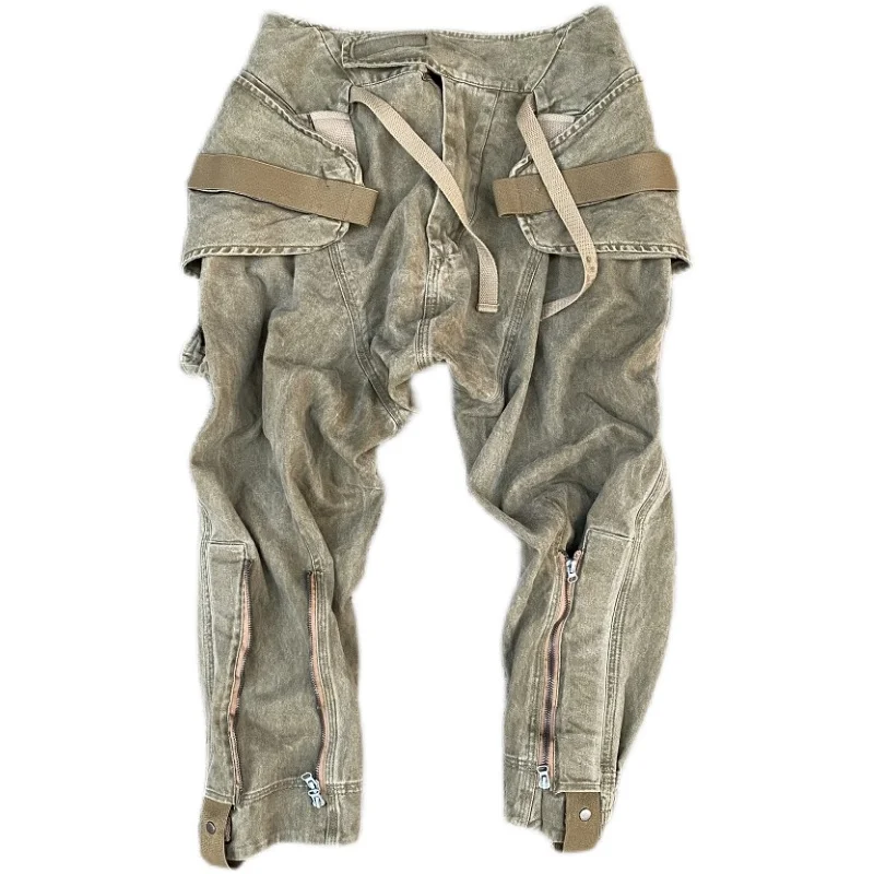 

Wasteland Style Distressed Dirty Wash Large Pocket Niche Designer Brand Fashion Overalls Casual Pants Men and Women