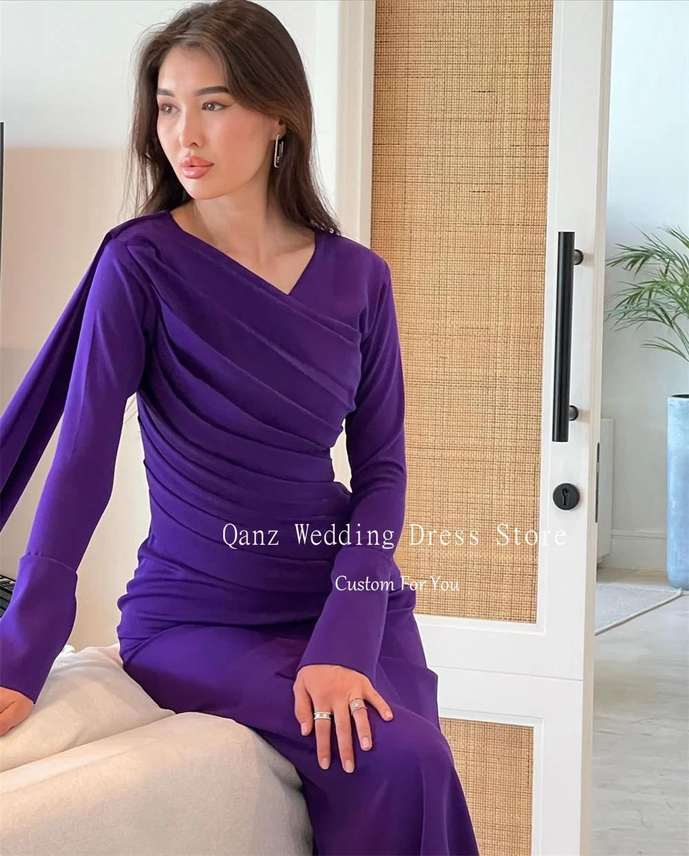 Qanz Purple Satin Arabia Evening Dresses Long Sleeves Abendkleid Luxury 2024 Mermaid Floor Length Party Dress Women Customized