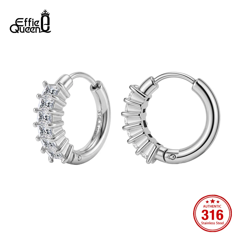 Effie Queen Fashion CZ Circle Hoop Earrings for Women Simple Zirconia Stainless Steel Piercing Earring Trendy Jewelry HTKE04