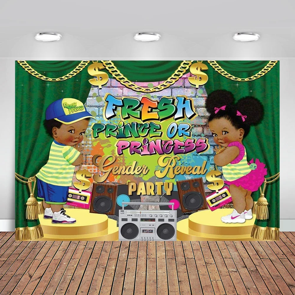 

Fresh Prince or Princess Gender Reveal Backdrop Graffiti Wall Gold Chain 90s Hip Hop Themed Baby Shower Background Banner