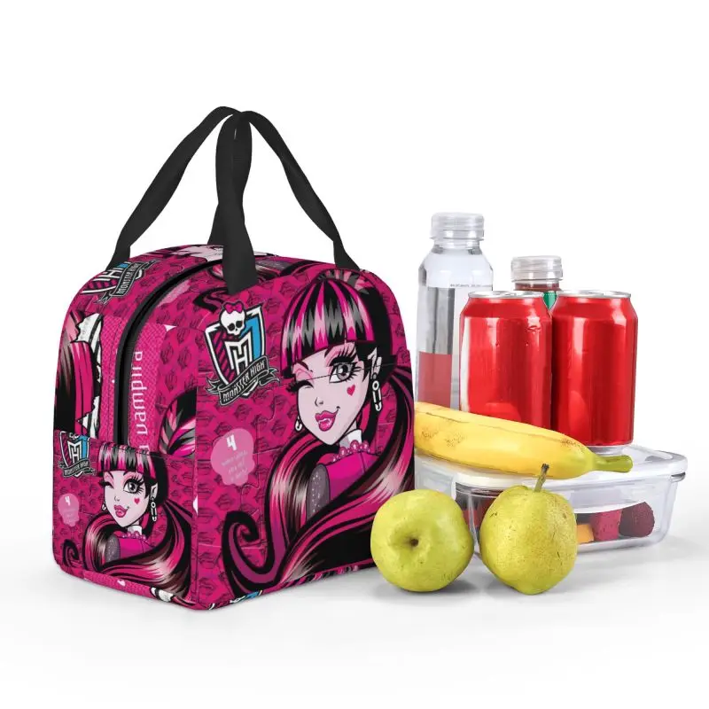 Monsters High Anime Insulated Lunch Bag for Women Portable Gothic Pink Dolls Thermal Cooler Lunch Box Office Work School