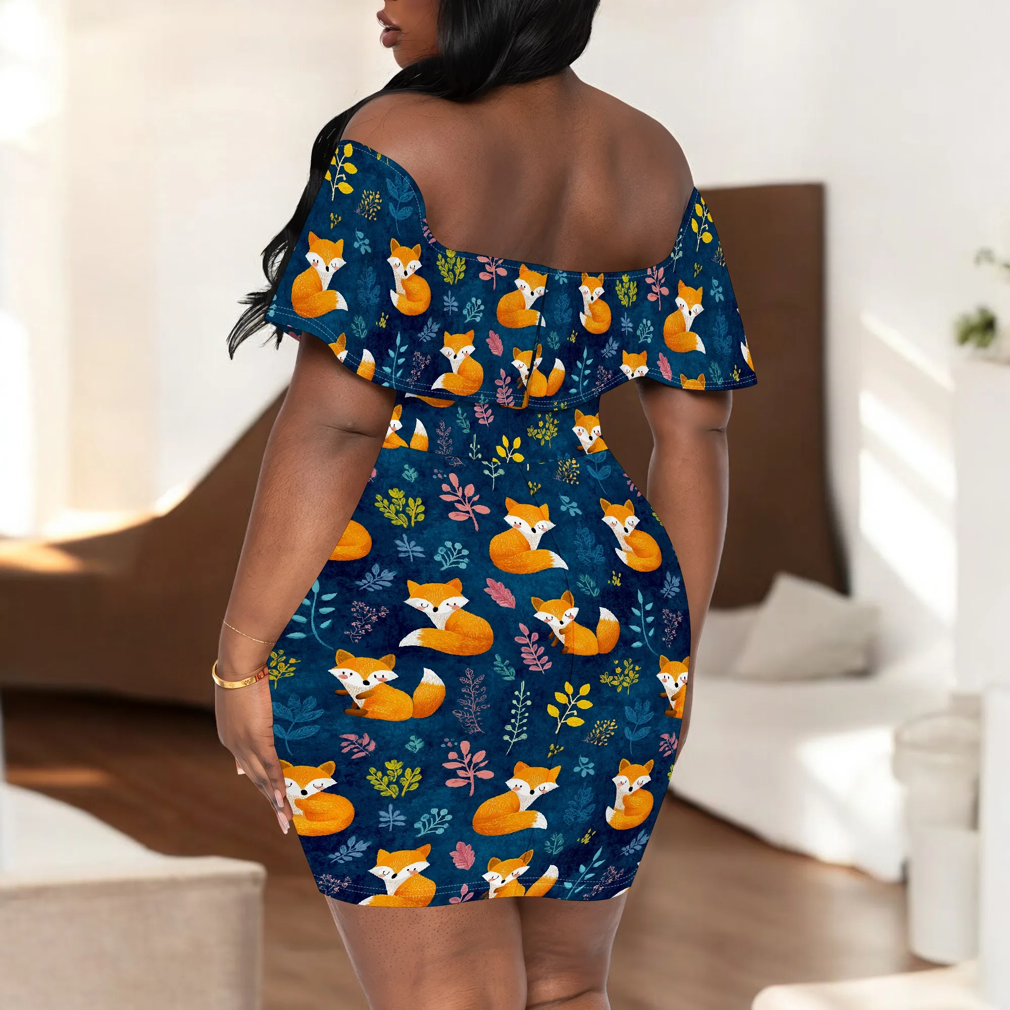 Cute Fox Print Off Shoulder Dress for Women S-3XL 2025 New Arrival Casual Pocket Bodycon Mini Dress – Daily & Picnic Look