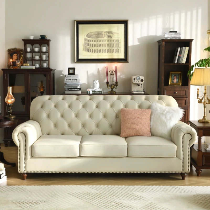 

American style leather sofa, white top layer, cowhide, three or four people, 2.6 meters, cream style, straight exhaust living