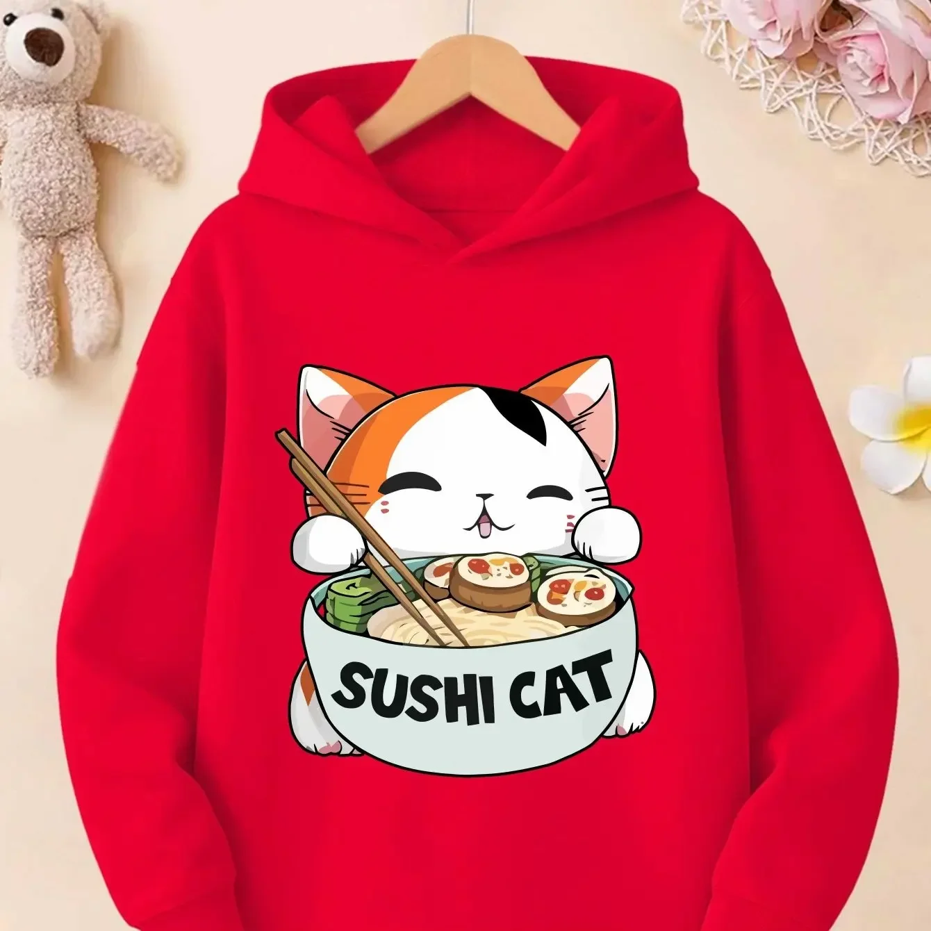 Girls Boys Kids Hoodie Cute Sushi Cat Printed Sweatshirt Japanese Style Kawaii Cartoon Pullover Hooded Top Autumn Winter