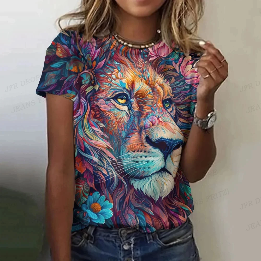 Vintage Women T-shirts 3d Tiger Print Crew Neck T-shirt Ladies Tops Women\'s Clothing Oversized Animal T Shirt Floral Tshirt Girl