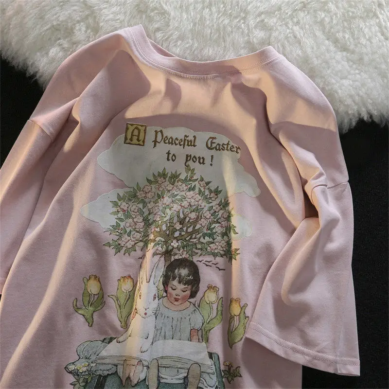 Camiseta de algodão para meninas, Tops rosa verde claro, roupa kawaii para adolescentes, menina coelho, alta qualidade, grande 2XL, verão 2022