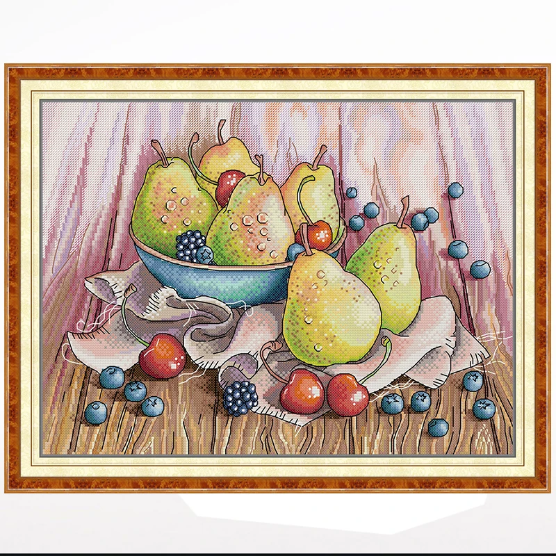 

Pear fruit plate cartoon cross-stitch living room bedroom hanging painting, 11CT/14CT hand-embroidered