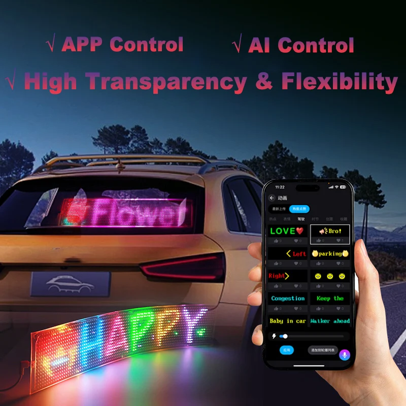 Transparent LED Matrix Sign Lamp for Truck Car Flexible Auto Animation Display Board Bluetooth APP Control for Window Mounting