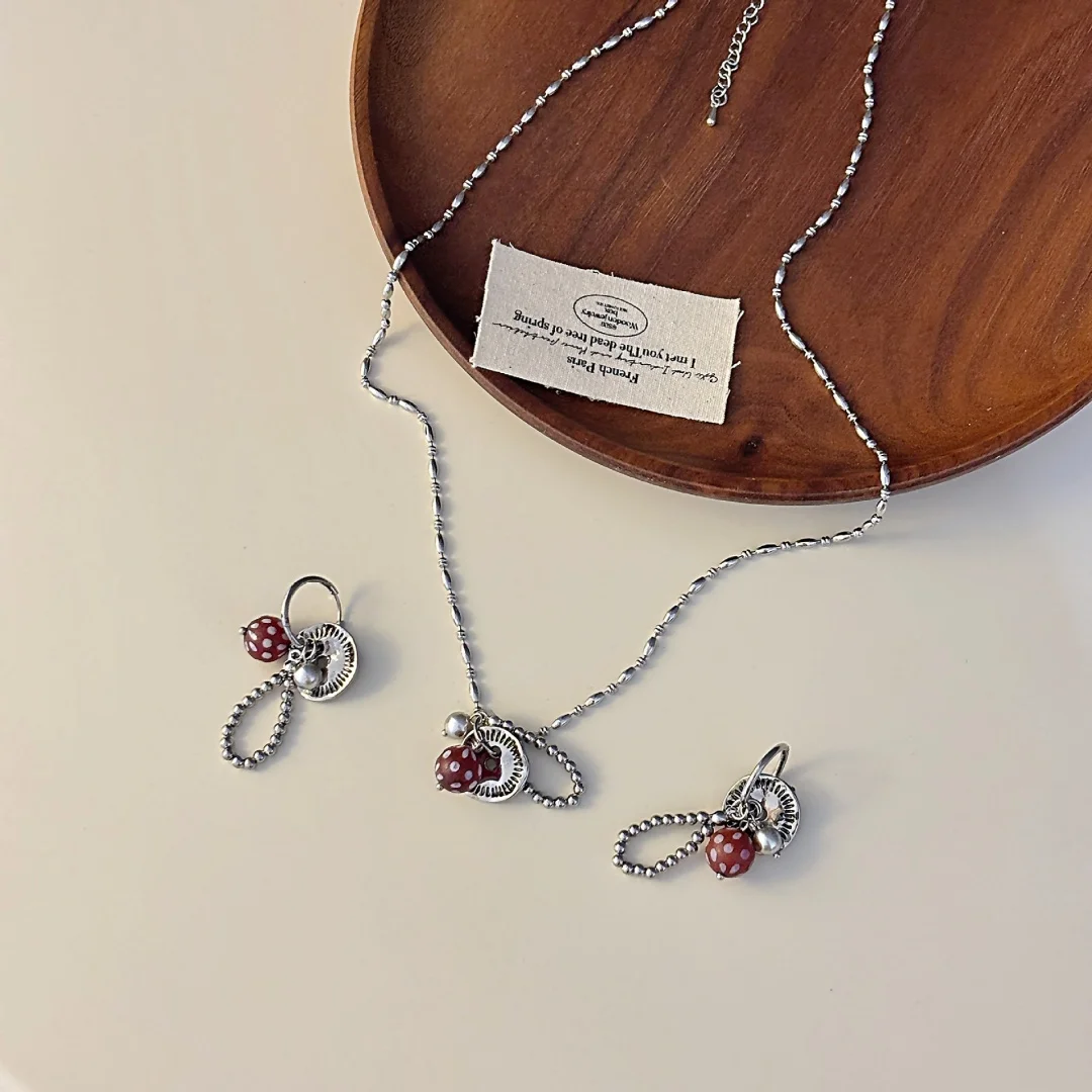 

DUTRIEUX Sweet Punk Style Red Button Earrings Choker Set For Women Trendy Temperament Ear Studs Necklace Jewelry Party Gifts