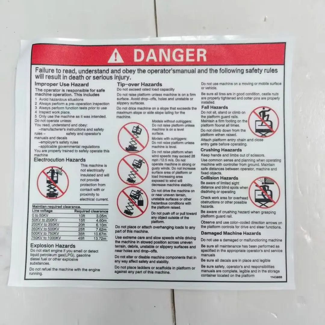 Decals for Genie Scissor Lifts, including word decals and symbol decals. Custom decals available for all types of boom lifts