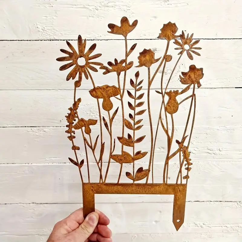 1 Pc Rusty Metal Wildflower Stake Ground Plug Decor Contemporary Garden Art Intricate Floral Design Durable Outdoor Yard