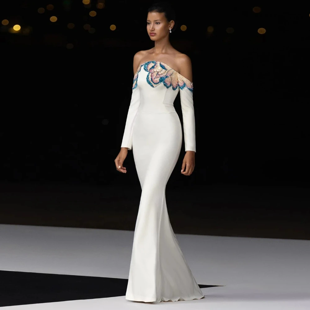 

Sharon Said Elegant Floral Beaded Neckline Off the Shoulder White Mermaid Evening Dress for 2025 Wedding Party SS512 Customized