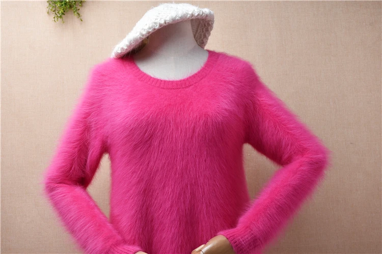 Female Women Fall Winter Clothing Pull Rose Beaded Hairy Mink Cashmere Knitted Slim Blouses Angora Fur Jumper Long Sweater Dress