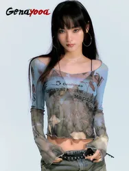 Genayooa Streetwear Print Letter Mesh Tops Long Sleeve See Through Summer 2000s Japanese T Shirt Women Clothes Korean Y2k Tops