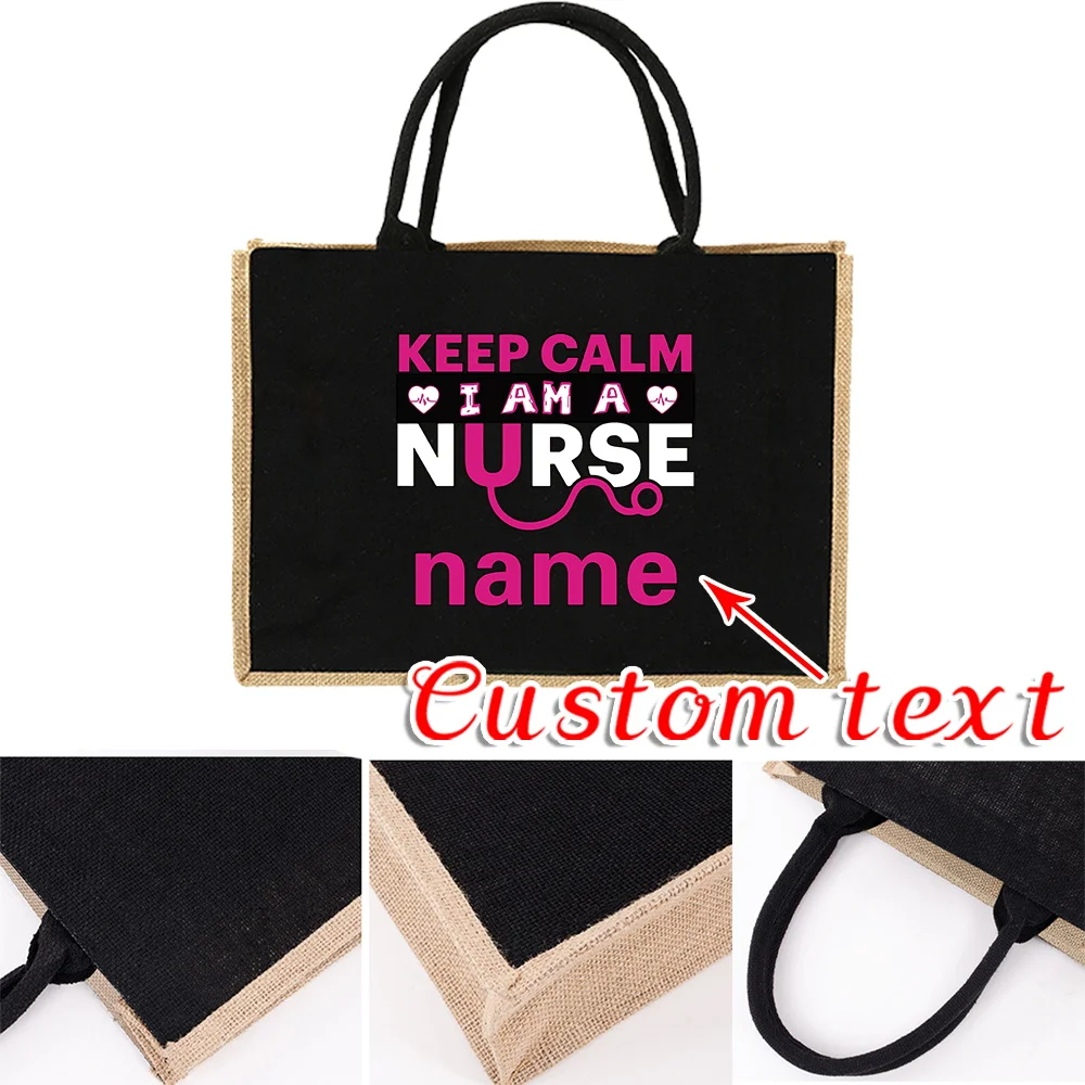 Personalized Customized Name Shopping Bags Linen Handbag Eco-friendly Tote Bag Cotton Linen Organizer Pouch Holiday Travel Bag