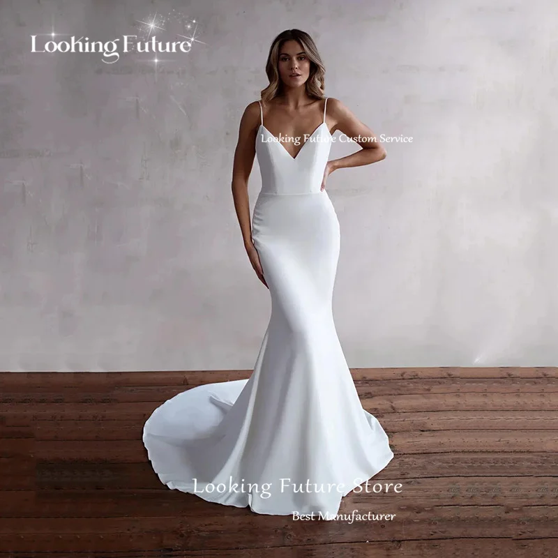 Vestido de noiva longo branco sereia, apliques de 2 peças, sexy decote em v, cintas de espaguete, plissado formal, vestido de noiva sem mangas