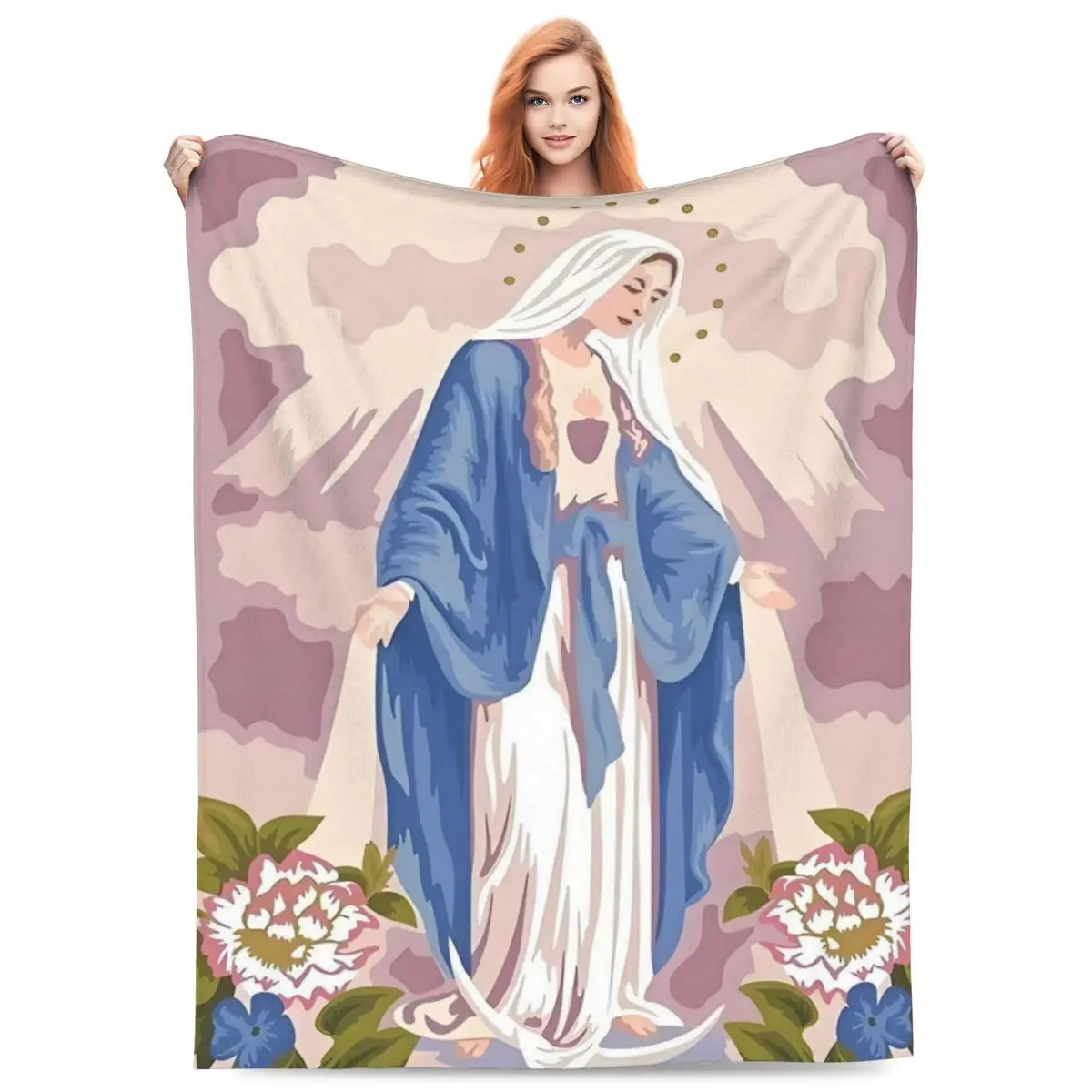 Custom 3D Printed Virgin Mary Blankets Breathable Soft Flannel Summer Throw Blanket for Couch Travel Bedroom