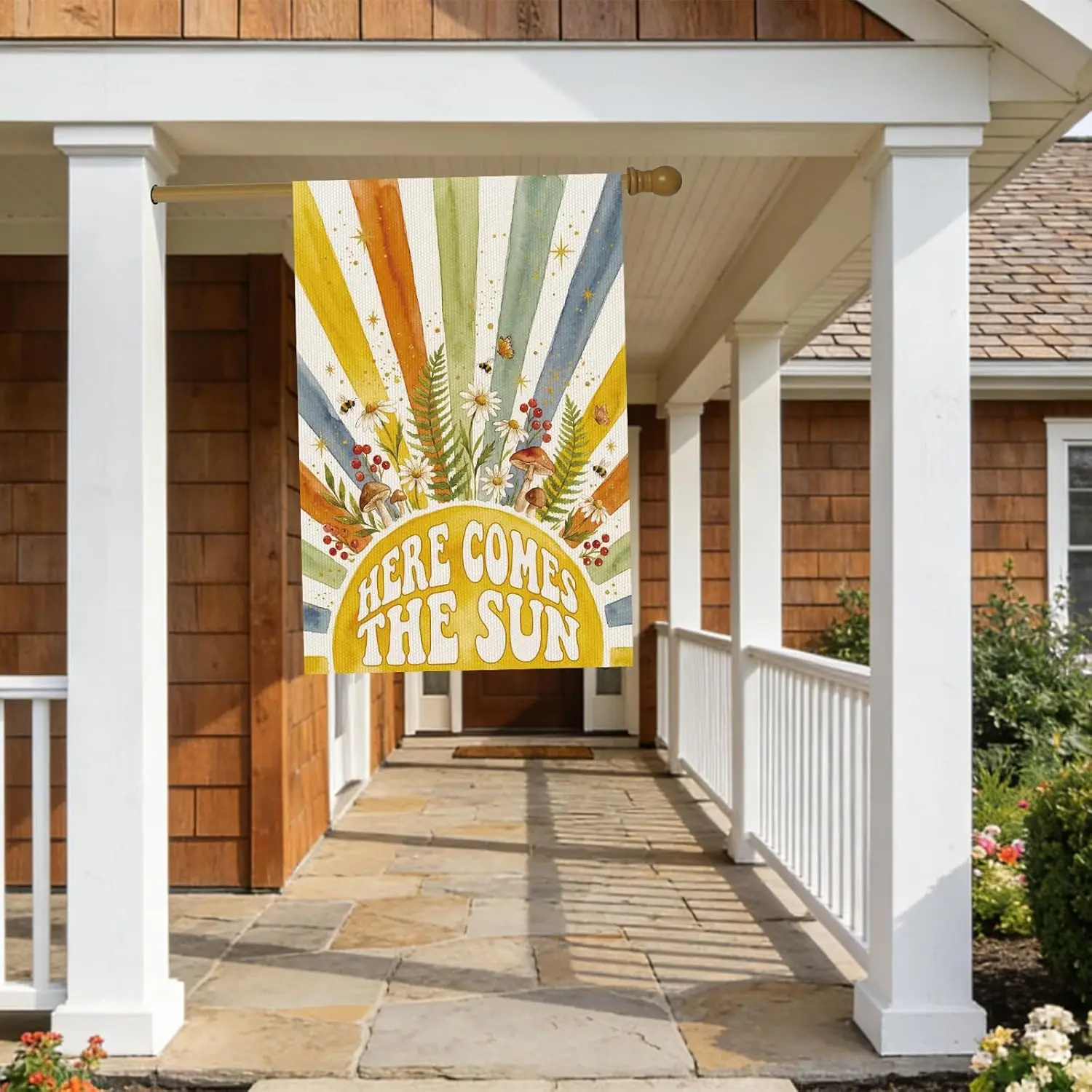 Summer House Flag for Outside, Here Comes The Sun Vintage Yard Flags for Home Party Decoration, Retro Daisy Double Sided Lar jjp