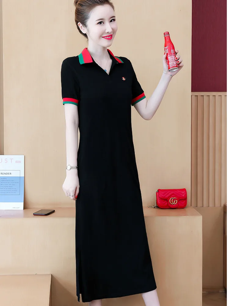 # 7945 สีดํายาว T เสื้อผู้หญิงเย็บปักถักร้อย Elegant Office Midi ชุดสุภาพสตรีแขนสั้น SLIM FIT ครึ่งเปิดคอ