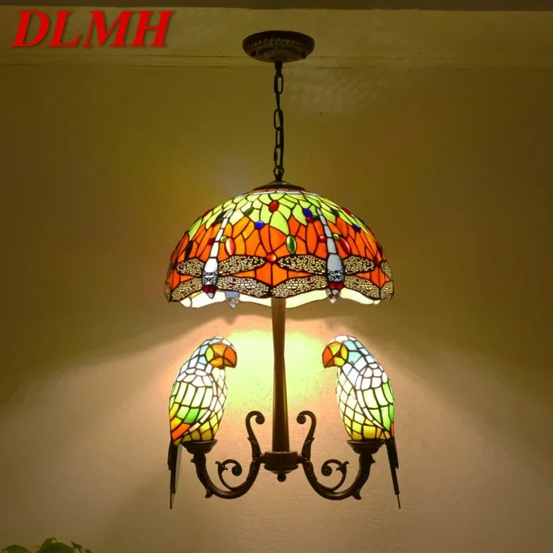 

DLMH Tiffany Parrot Chandelier Vintage Creative Color Glass Living Room restaurant Bedroom Hotel Corridor Pendant Lamp