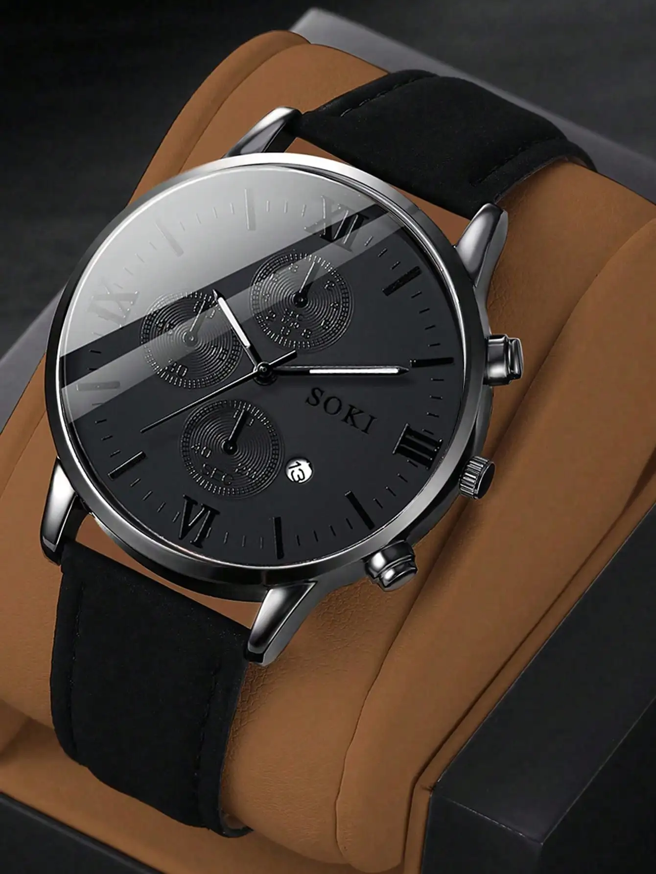 

Мужские кварцевые часы с римскими цифрами, черным циферблатом, ремешком из полиуретана, функцией отображения даты