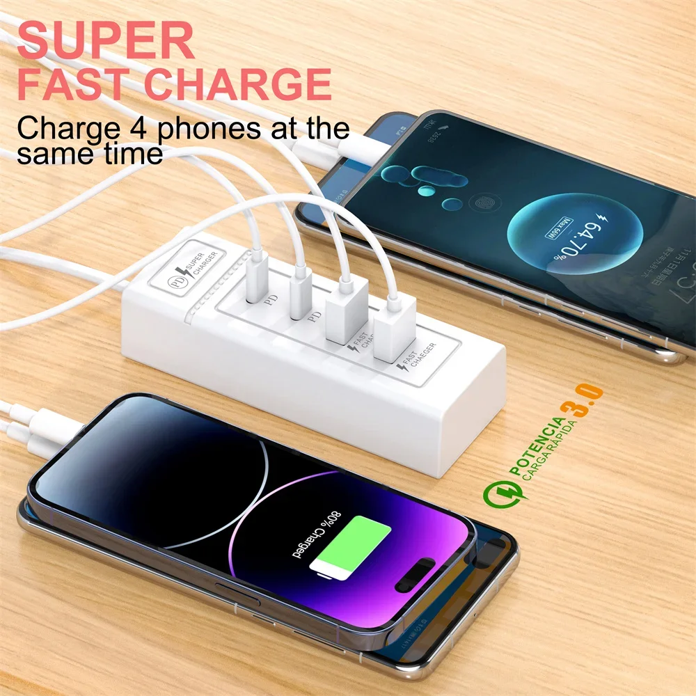 4 in 1 USB PD Splitter 4 Ports USB Type C Fast Charging Charger Wall Adapter Multi-functional Quick Charge QC3.0 Power Socket