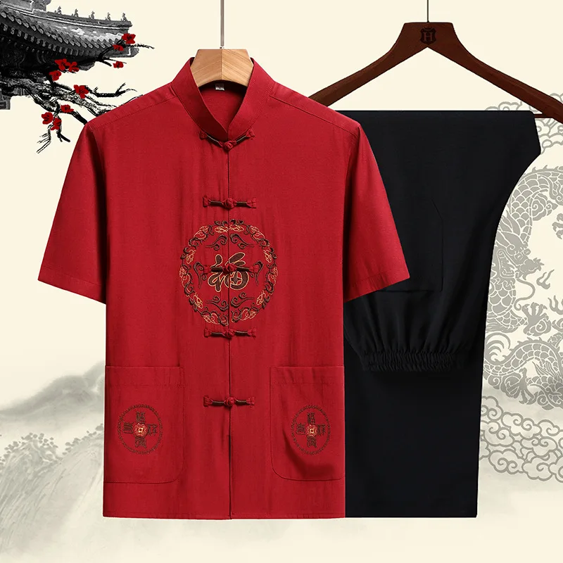 

Kung Fu Shirt Tai Chi Cotton Linen Vintage Man's Clothing Tang Suit Short-Sleeved Suit Men's Chinese Traditional Hanfu