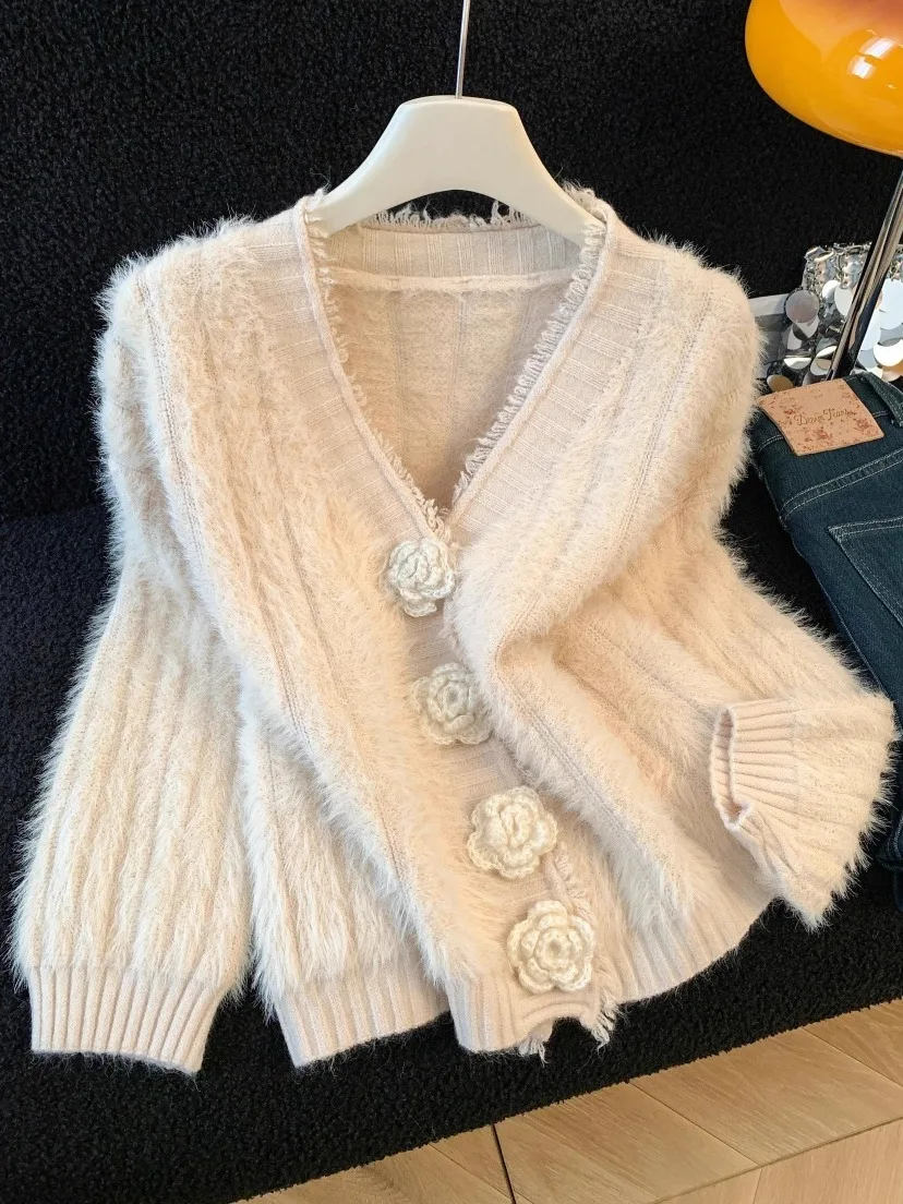 

Fluffy Squirrel Fur Cardigan Sweater Women's Winter ort Coat Sweet Sle High Waist Long Sve V-Ne A-Line Skirt Jaet