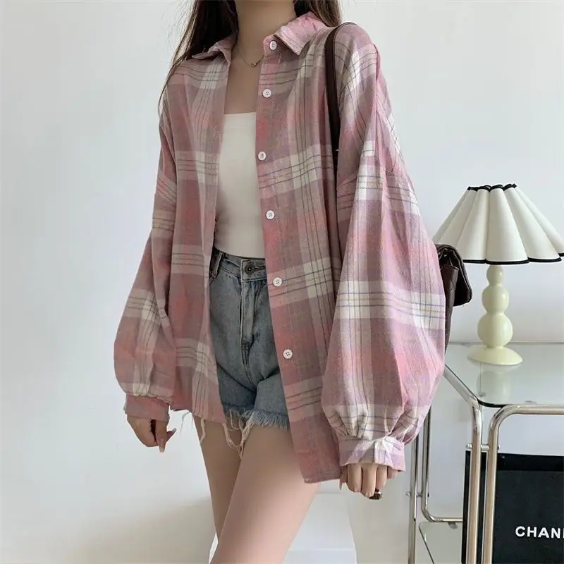 Vintage Long Sleeve Oversized Plaid Shirt Women Autumn Winter Korean All-match Lapel Pocket Shirts Loose Fit Blouse for Mujer