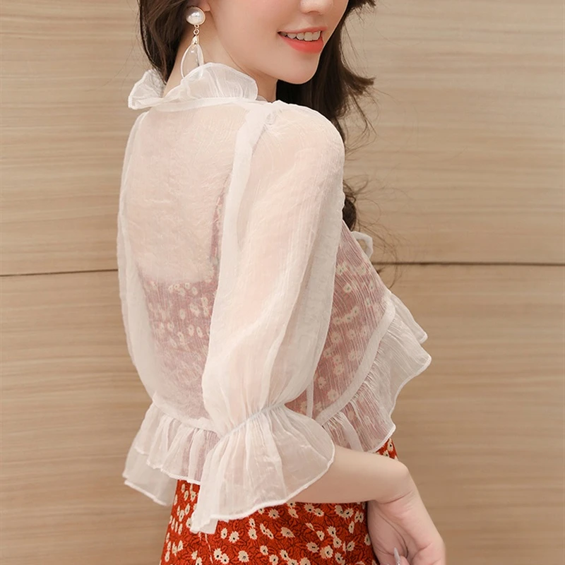 

Ruffles Blouses Women Flare Sleeve Elegant Vintage Ultra Thin Summer Sunscreen Temper Designer Pure Lace-up French Stylish Chic