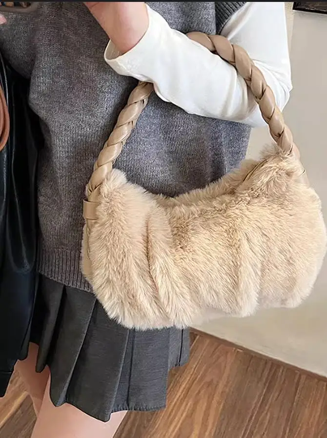 Faux Fur Handbags For Women Cute Small Lipstick Cosmetics Bags Woven Ladies Handbags and Purse Winter Armpit Shoulder Bags Girl